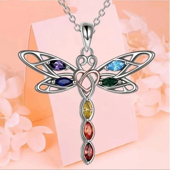 1 LEFT! Silver Colorful Rhinestone Dragonfly Necklace - Picture 1 of 5